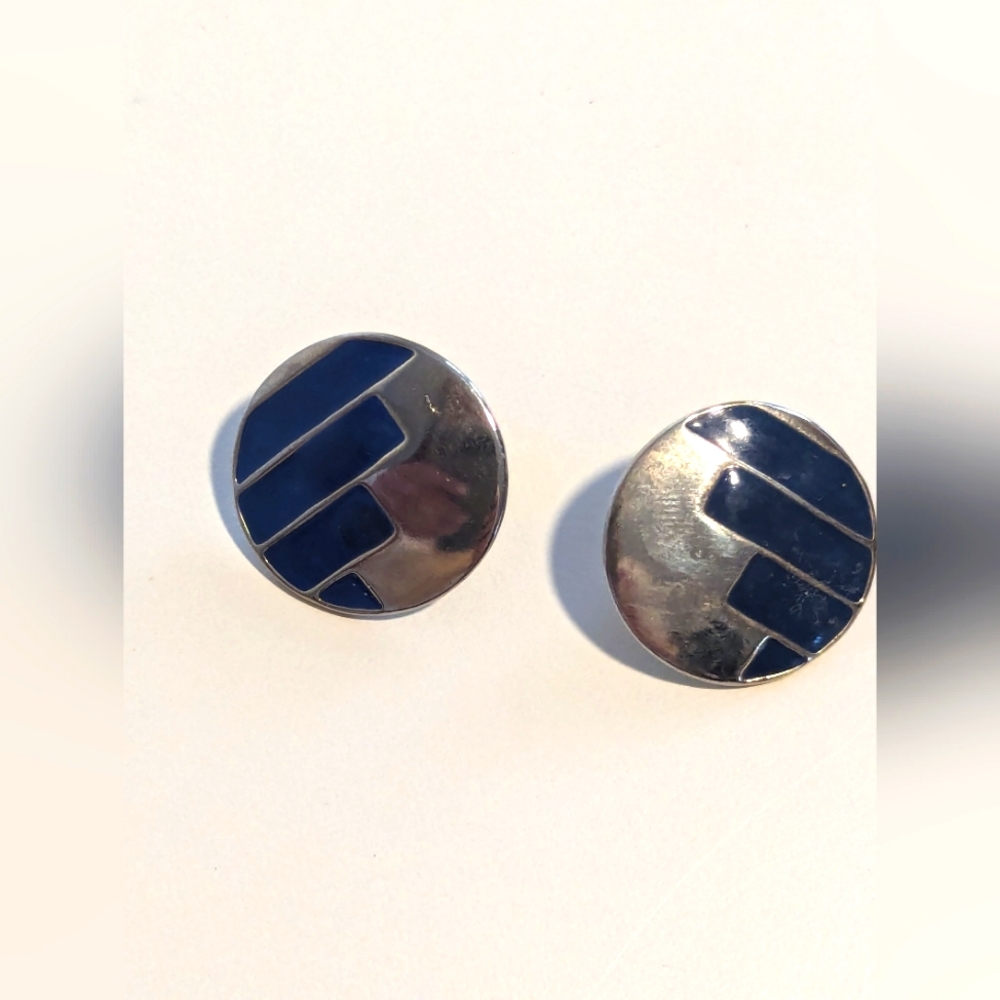 Vintage Round Silver Tone and Enamel Earrings